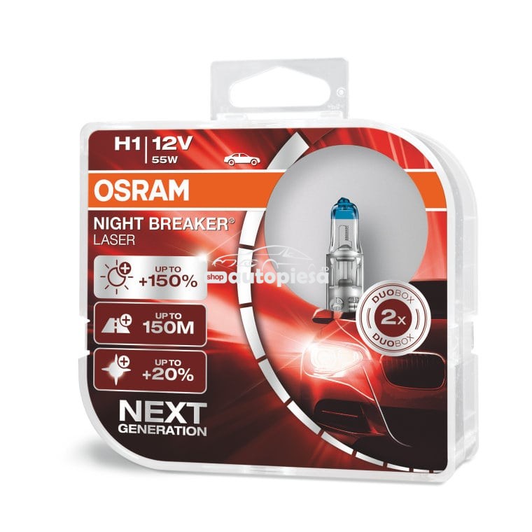 Set 2 becuri Osram H1 Night Breaker Laser Next Gen (+150% lumina) 12V 55W