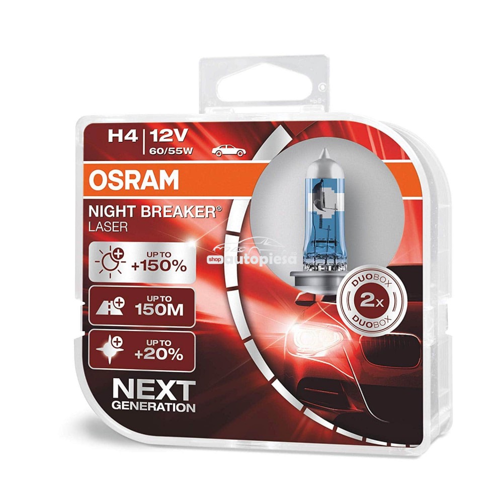 Set 2 becuri Osram H4 Night Breaker Laser Next Gen (+150% lumina) 12V 55W