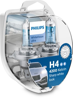 Set 2 becuri Philips H4 WhiteVision Ultra 12V 60/55W + BONUS 2 becuri W5W WhiteVision