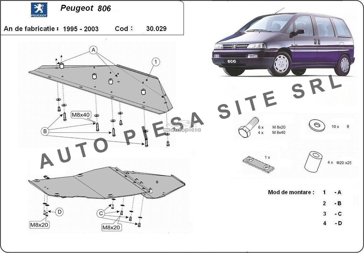 Scut metalic motor Peugeot 806 fabricat in perioada 1995 - 2003